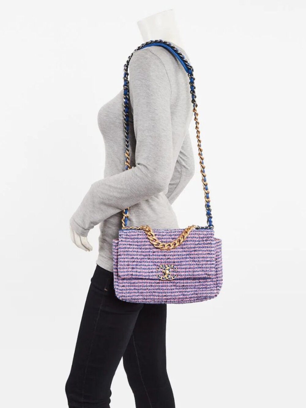Chanel Blue/Pink Quilted Tweed Medium Chanel 19 Bag